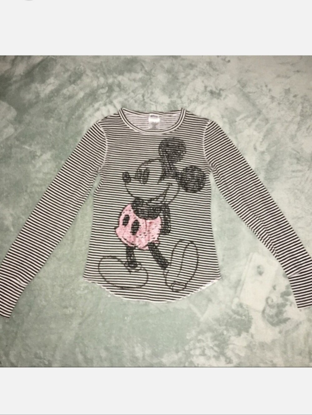 Disney Micky Mouse Top Waffle Knit Black White Striped Girls Size Medium Shirt - Picture 6 of 9